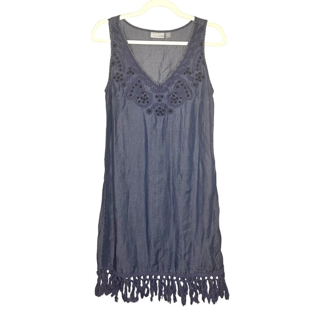 NY&Co Chambray Boho Embroidered Fringe Hippie Dress Womens XS Fairy Cottage 70s